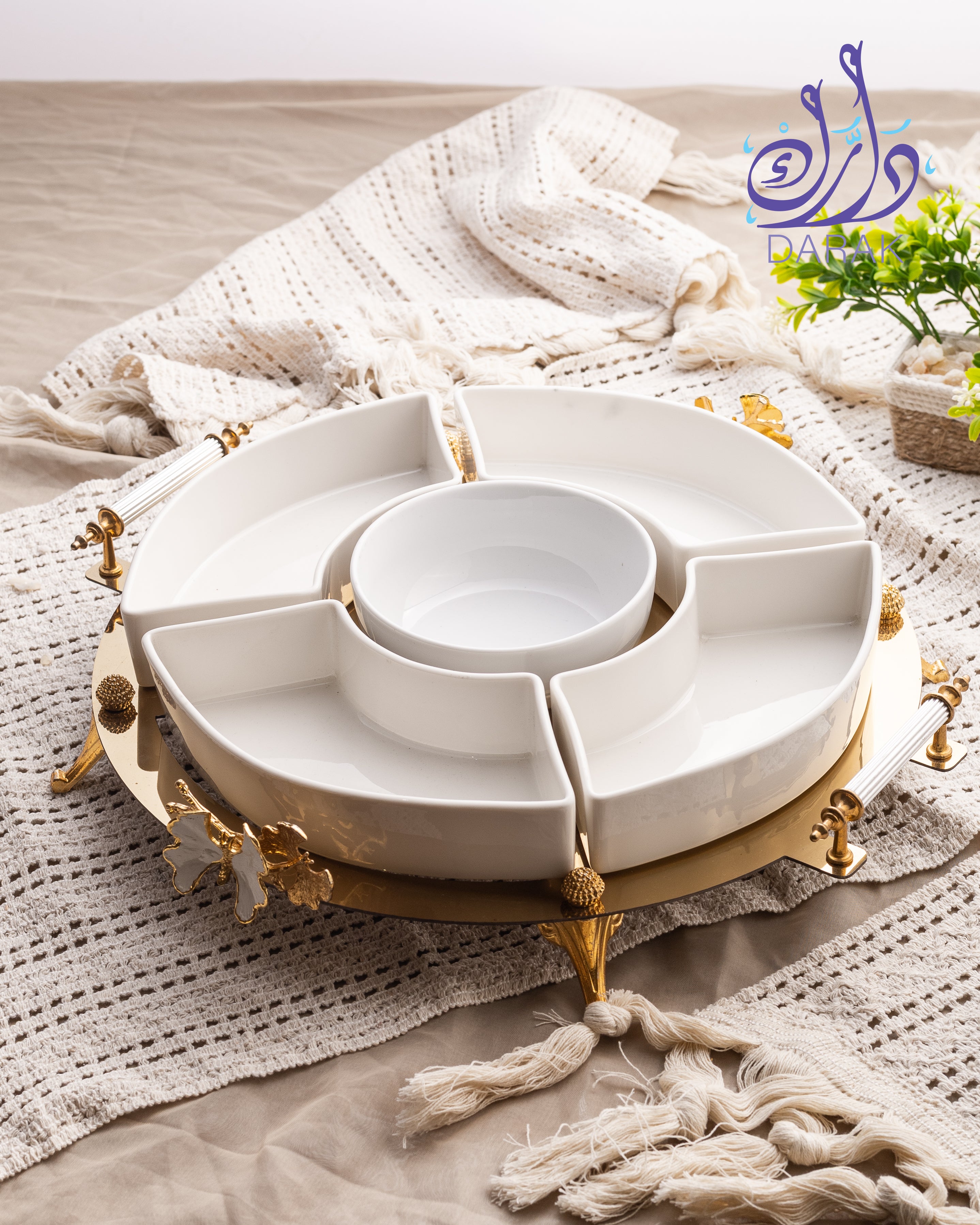 Farasha Carousel Snack Server Porcelain on Gold Stand