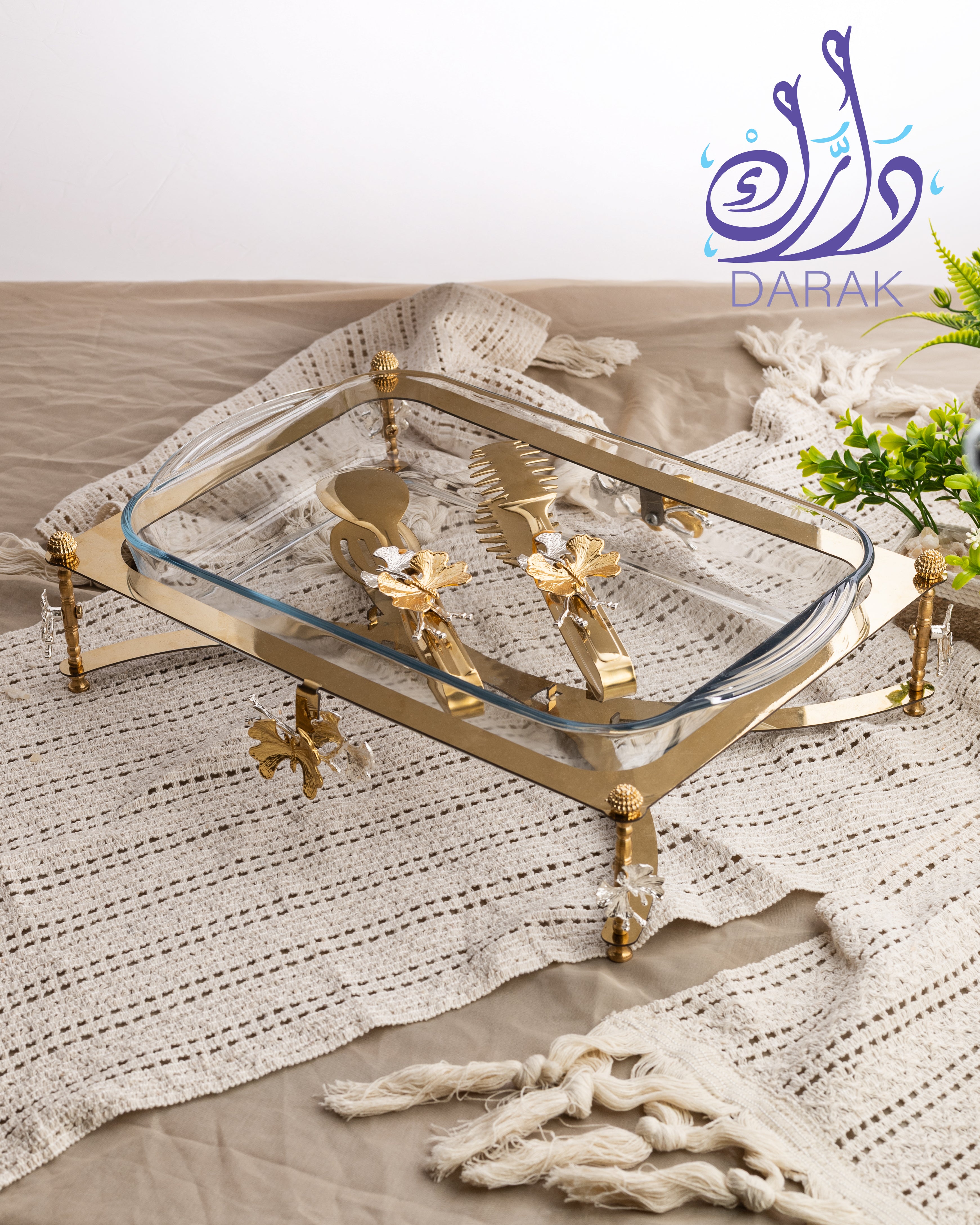 Farasha Regent Rectangular Casserole Crystal-Footed Gold Stand