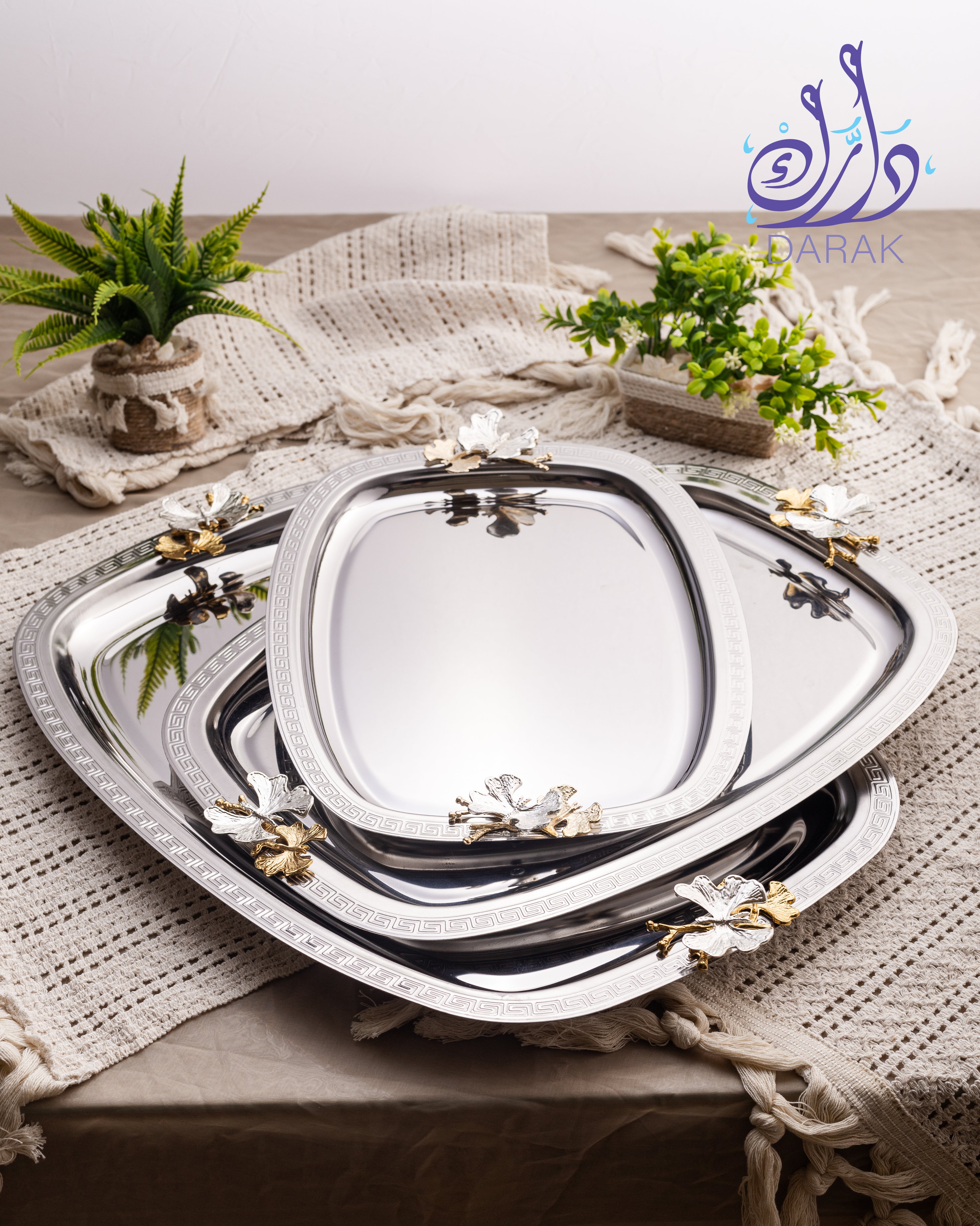 Farasha Grecian Key Tray Trio Silver Rim
